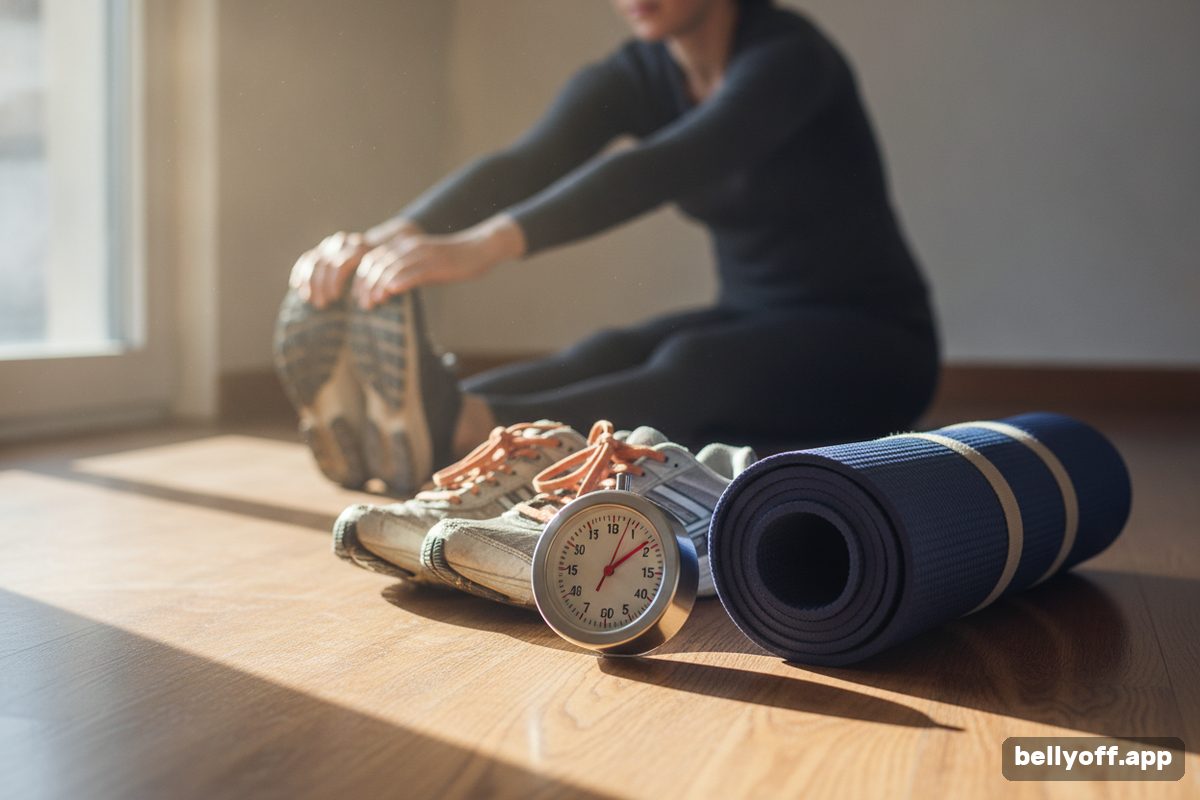 10 minute workout: a kitchen timer and a rolled yoga mat on a wooden floor, a pair of sneakers beside them