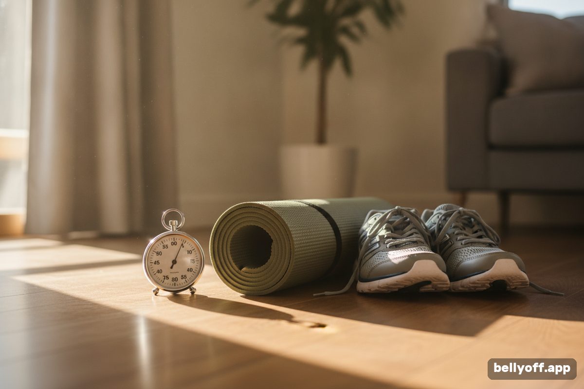 10 minute workout: a kitchen timer and a rolled yoga mat on a wooden floor, a pair of sneakers beside them