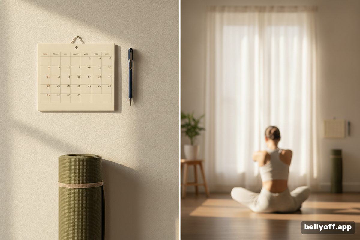 30 day challenge: a wall calendar with a pen hanging beside it and a rolled yoga mat leaning on the wall below