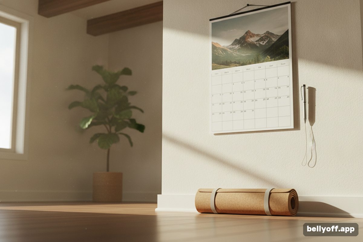 30 day challenge: a wall calendar with a pen hanging beside it and a rolled yoga mat leaning on the wall below