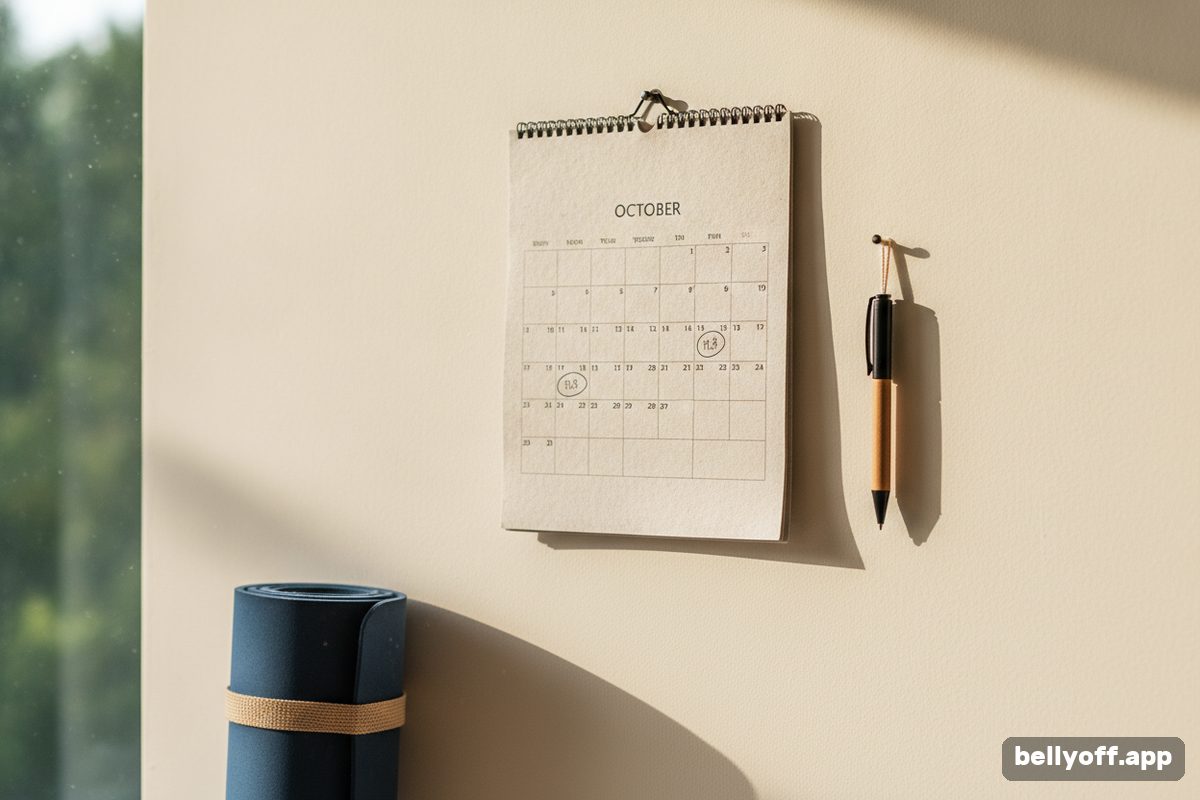 30 day challenge: a wall calendar with a pen hanging beside it and a rolled yoga mat leaning on the wall below