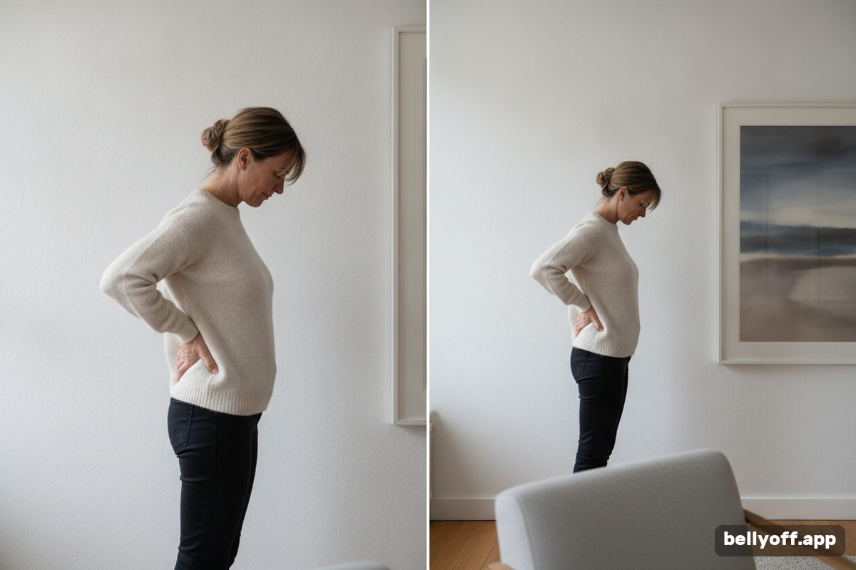 anterior pelvic tilt: a woman in her forties standing in profile by a plain wall, one hand on her lower back, checking her posture