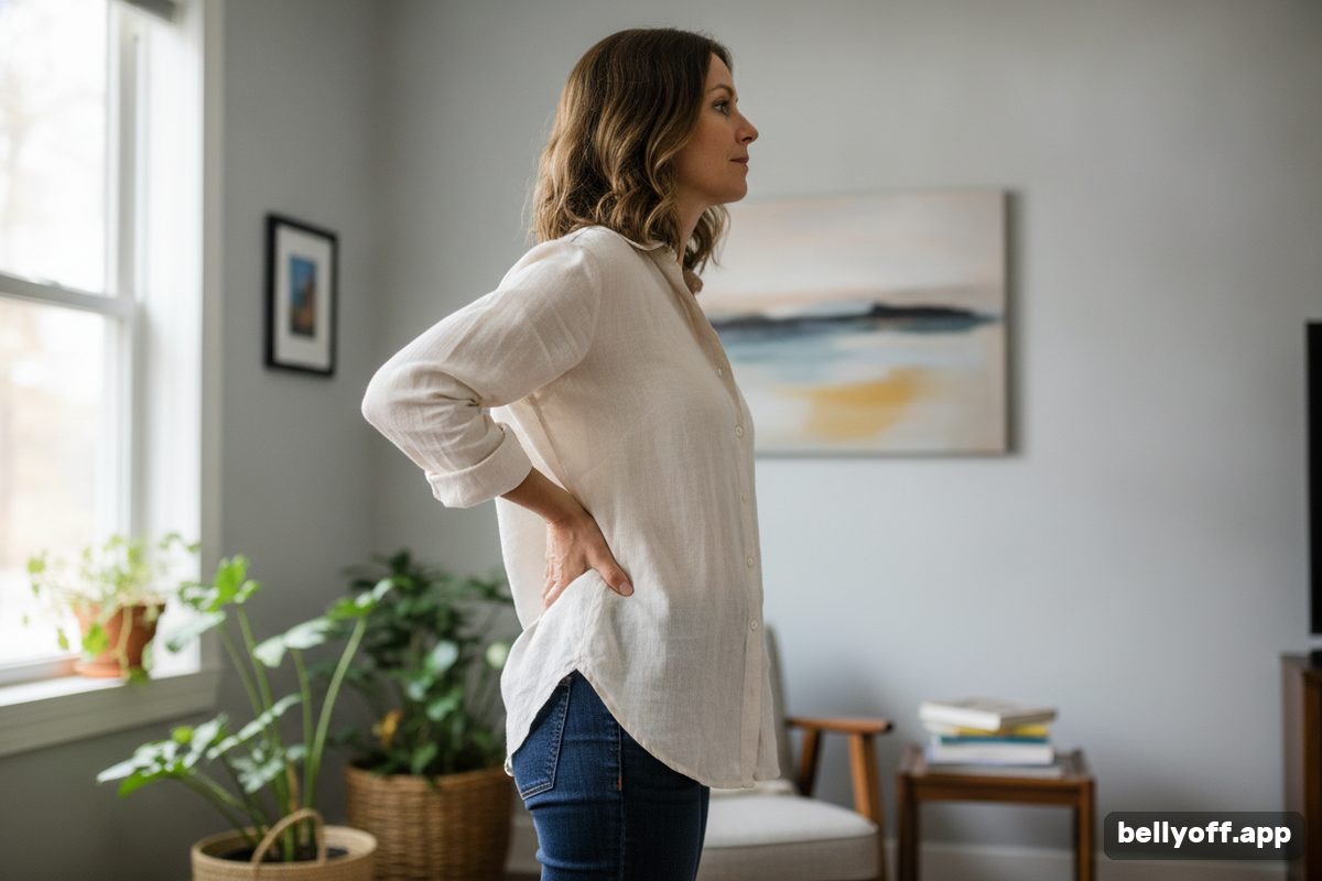 anterior pelvic tilt: a woman in her forties standing in profile by a plain wall, one hand on her lower back, checking her posture