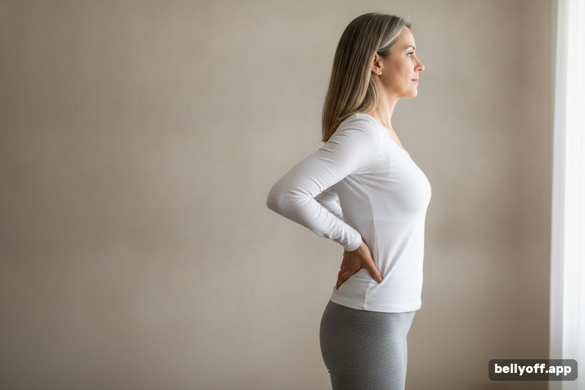 anterior pelvic tilt: a woman in her forties standing in profile by a plain wall, one hand on her lower back, checking her posture