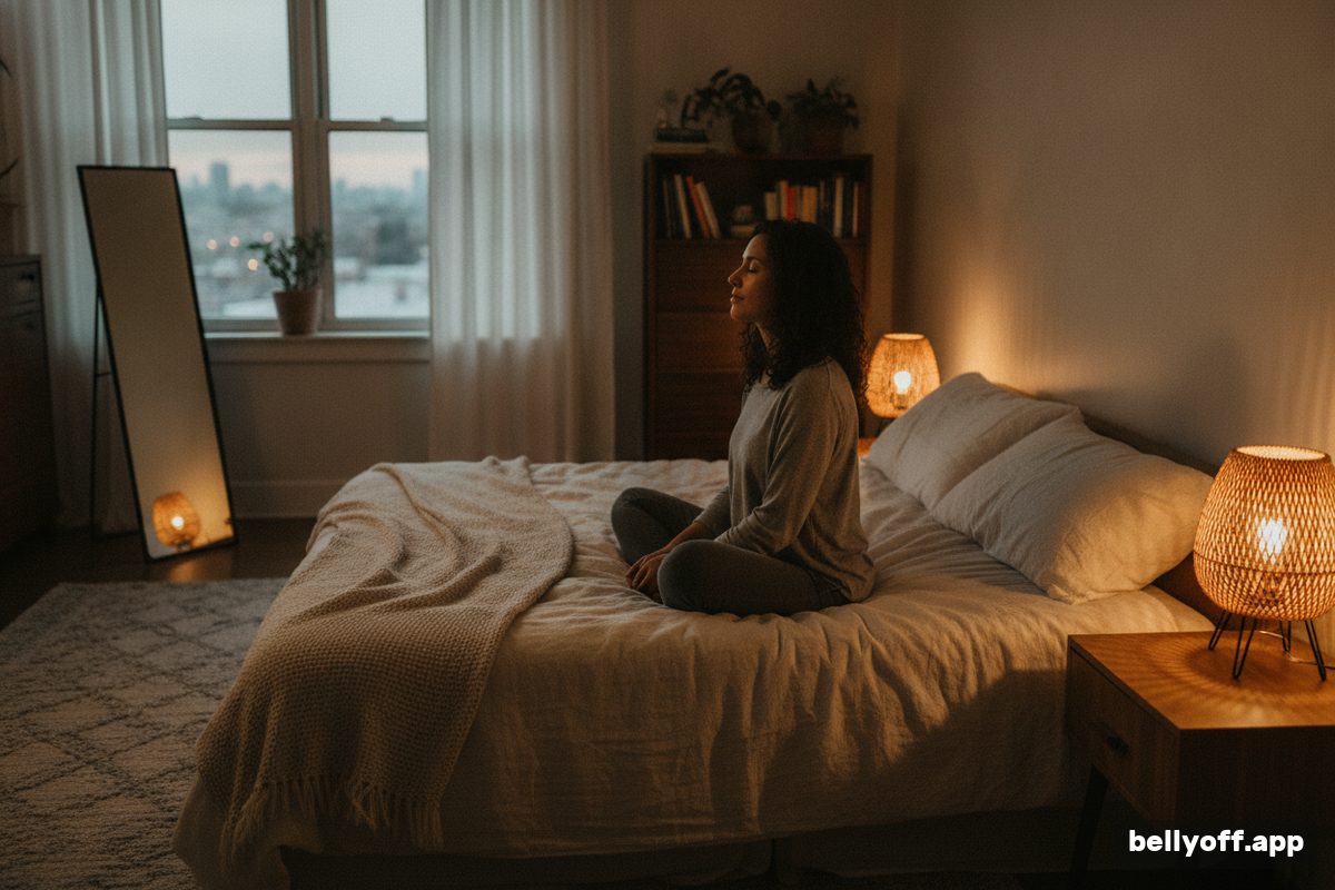 breathing exercises for sleep: a dim bedroom in the evening, a woman sitting on the bed with eyes closed breathing slowly, a warm lamp beside her