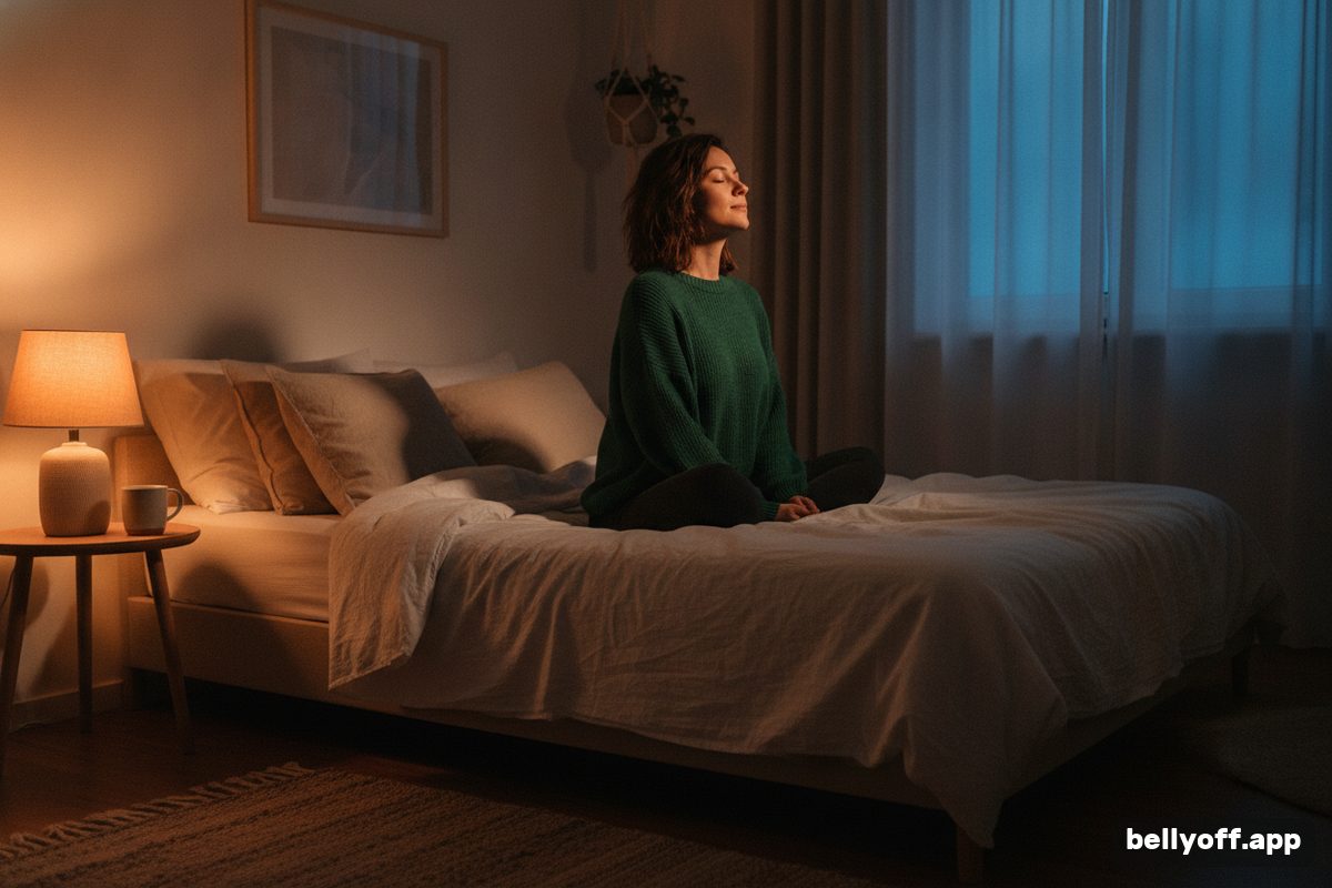 breathing exercises for sleep: a dim bedroom in the evening, a woman sitting on the bed with eyes closed breathing slowly, a warm lamp beside her