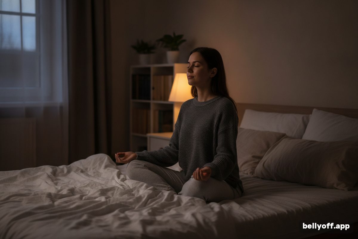breathing exercises for sleep: a dim bedroom in the evening, a woman sitting on the bed with eyes closed breathing slowly, a warm lamp beside her