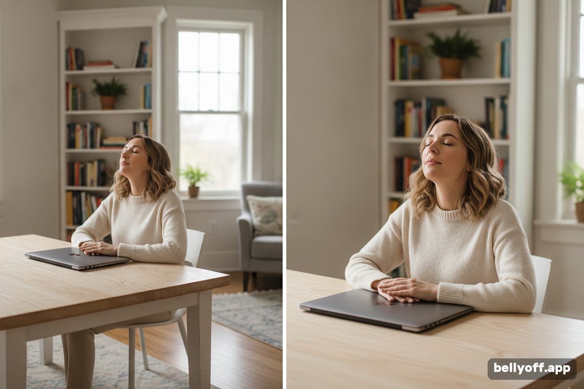 breathing exercises for stress: a woman at a home desk with the laptop closed, eyes closed, taking a slow breath