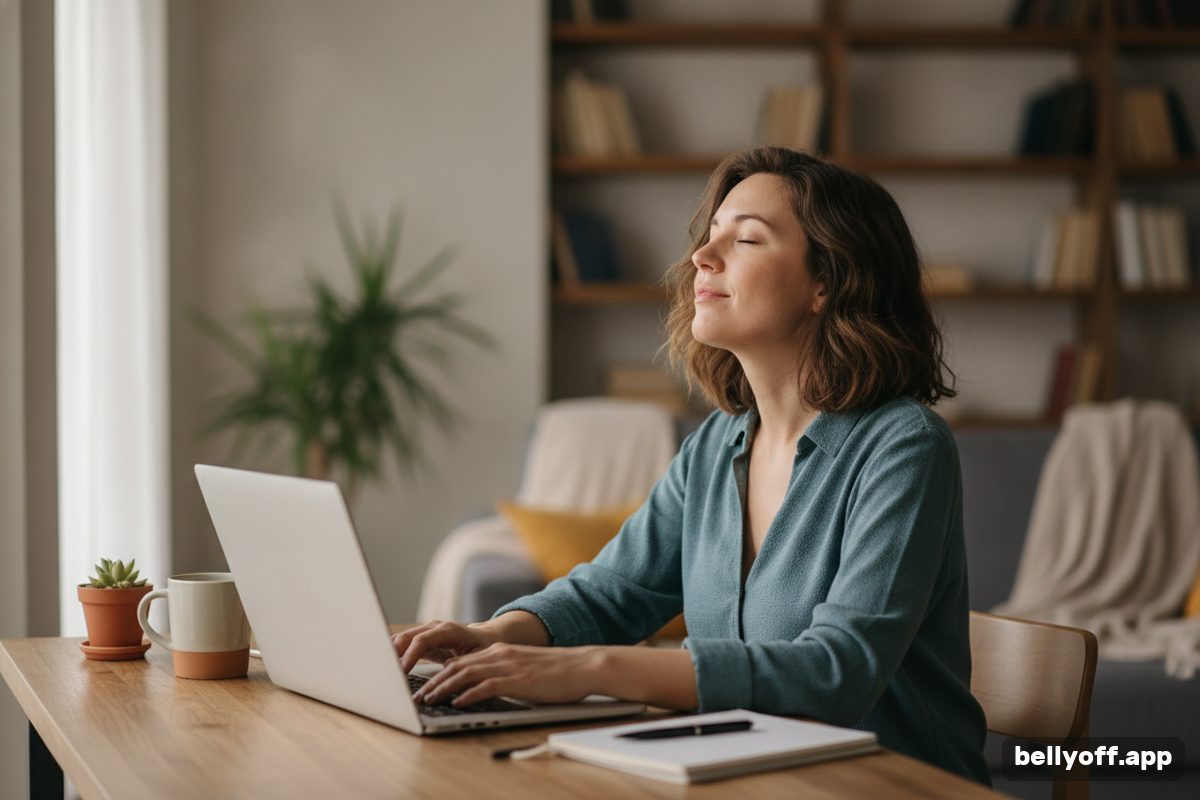 breathing exercises for stress: a woman at a home desk with the laptop closed, eyes closed, taking a slow breath