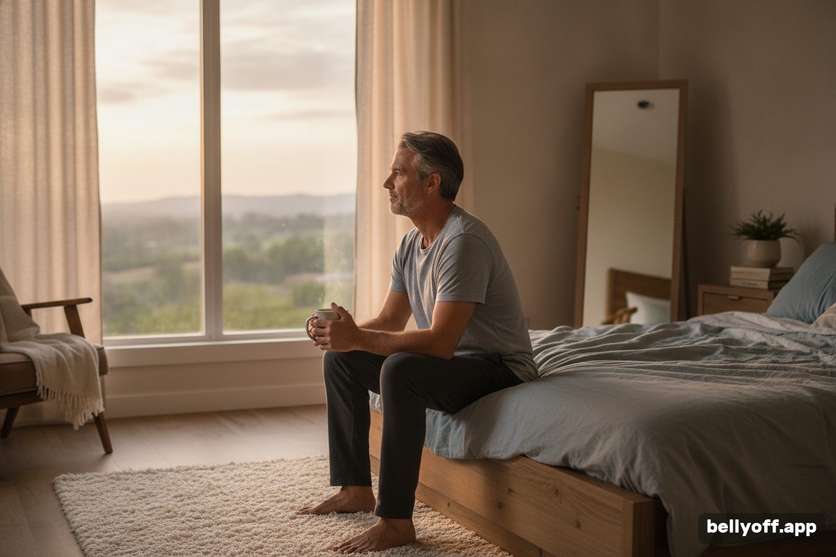 cortisol belly fat: a middle-aged man sitting on the edge of a bed at dawn with a cup of tea, calm, soft window light