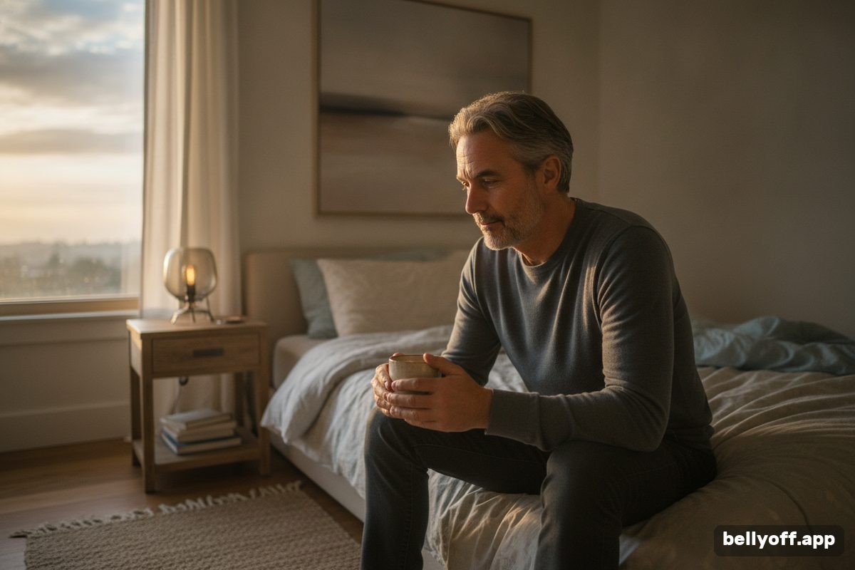 cortisol belly fat: a middle-aged man sitting on the edge of a bed at dawn with a cup of tea, calm, soft window light