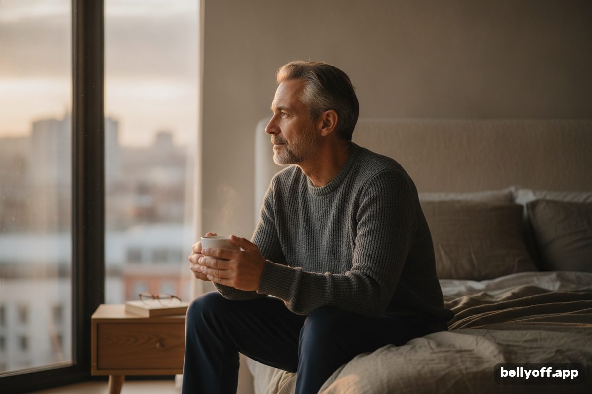 cortisol belly fat: a middle-aged man sitting on the edge of a bed at dawn with a cup of tea, calm, soft window light