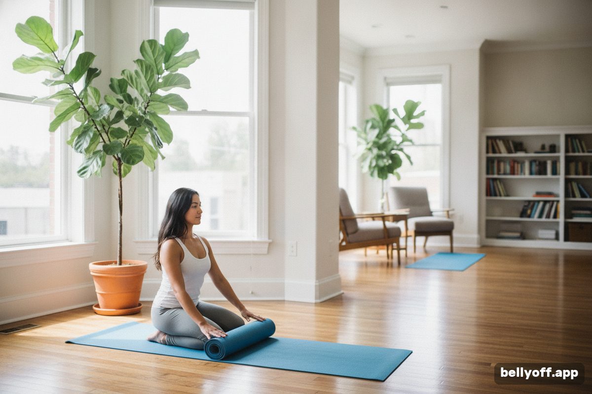 daily exercise habit: a woman rolling out a yoga mat in the same corner of her living room, a plant and a window beside her