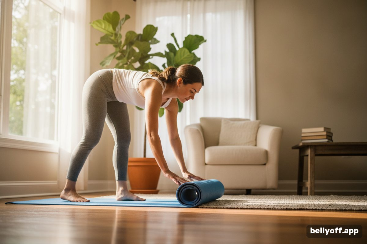 daily exercise habit: a woman rolling out a yoga mat in the same corner of her living room, a plant and a window beside her