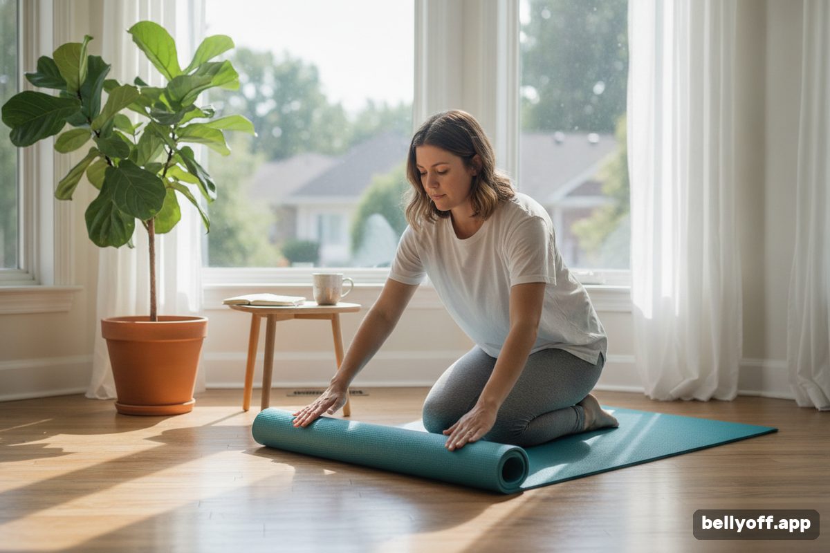 daily exercise habit: a woman rolling out a yoga mat in the same corner of her living room, a plant and a window beside her