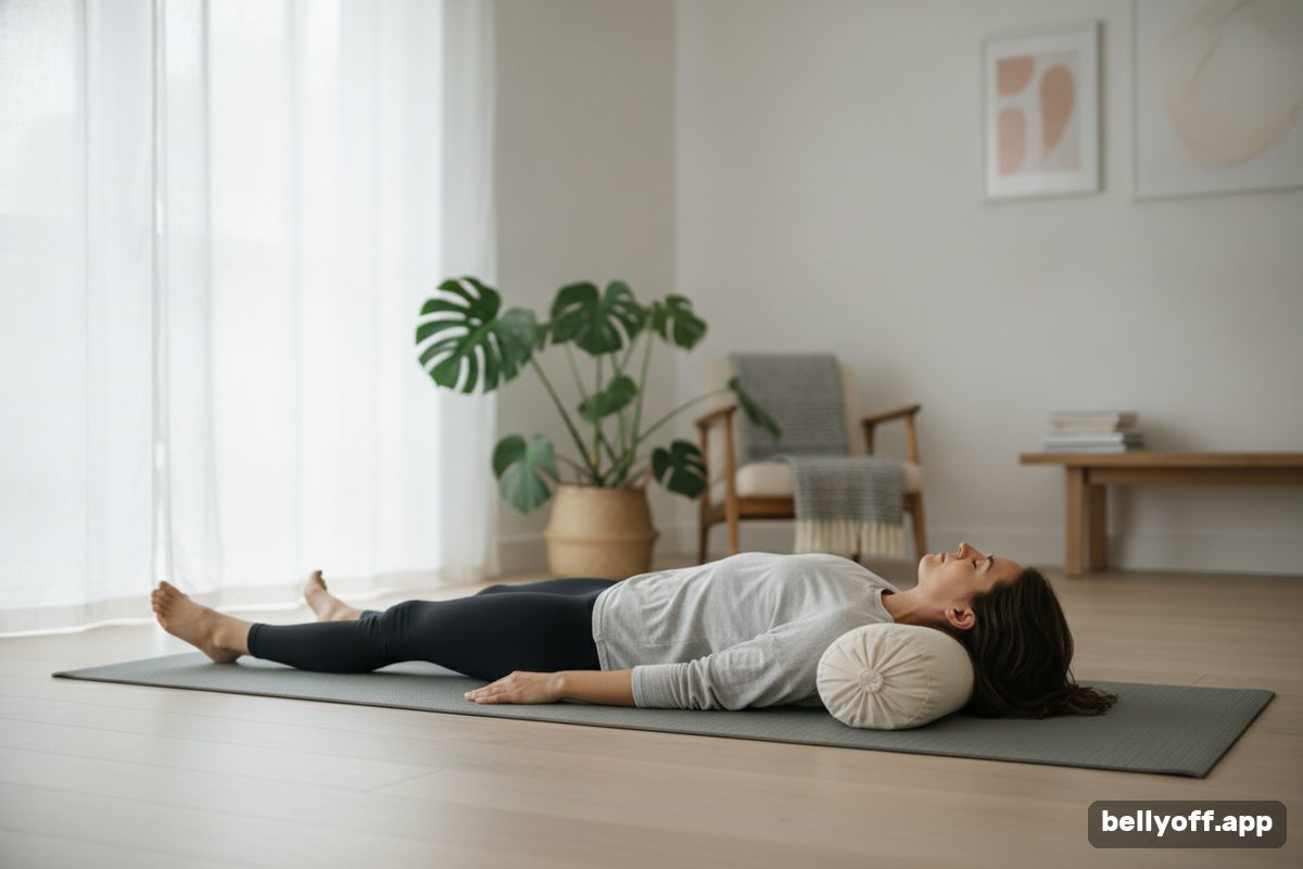 deep breathing benefits: a woman lying on her back on a mat with a cushion under her knees, breathing calmly