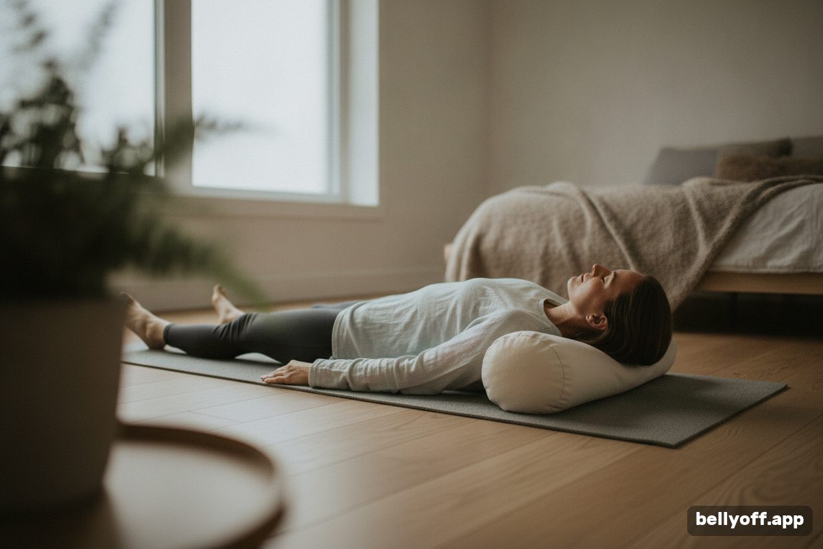 deep breathing benefits: a woman lying on her back on a mat with a cushion under her knees, breathing calmly