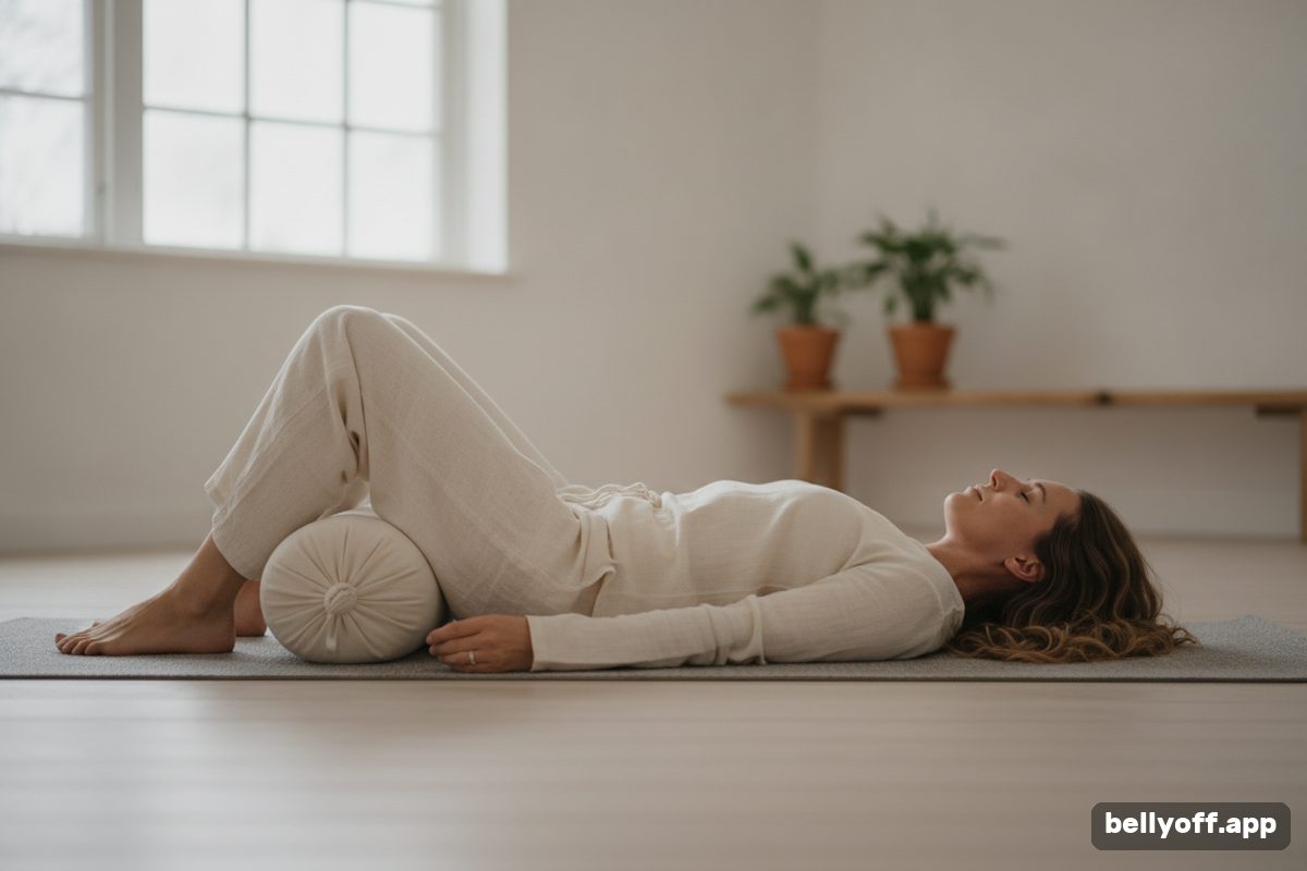 deep breathing benefits: a woman lying on her back on a mat with a cushion under her knees, breathing calmly