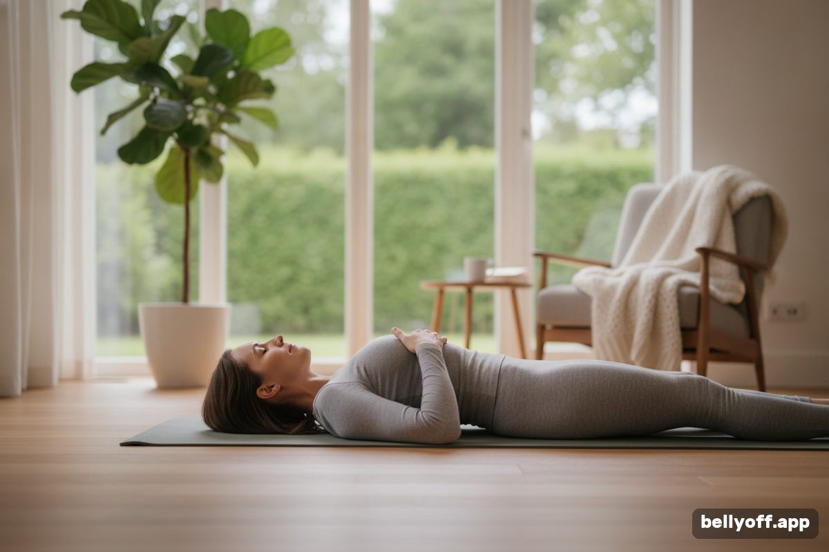 diaphragmatic breathing: a woman lying on a yoga mat in a bright living room, one hand on her chest and one on her belly, breathing calmly