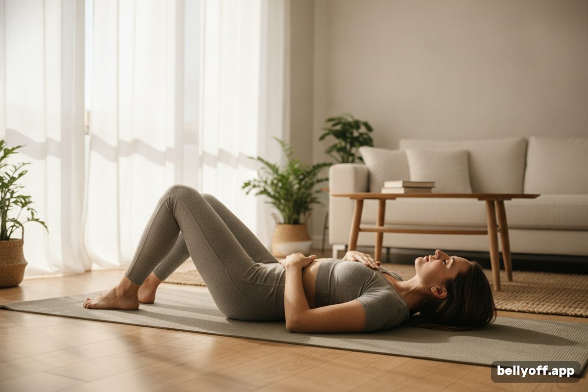 diaphragmatic breathing: a woman lying on a yoga mat in a bright living room, one hand on her chest and one on her belly, breathing calmly