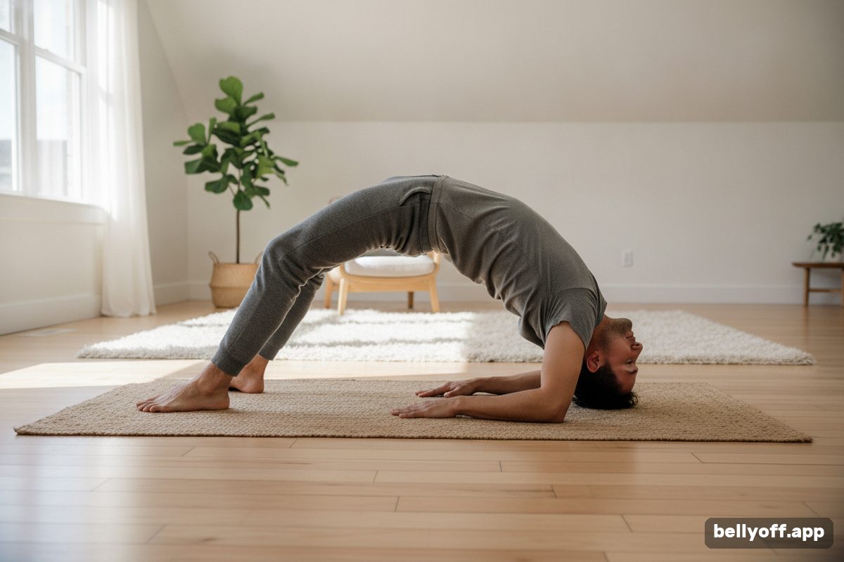 floor exercises: a man doing a gentle bridge pose on a mat on a wooden floor in a bright room