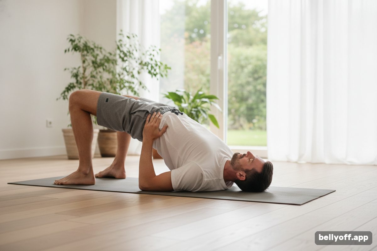 floor exercises: a man doing a gentle bridge pose on a mat on a wooden floor in a bright room