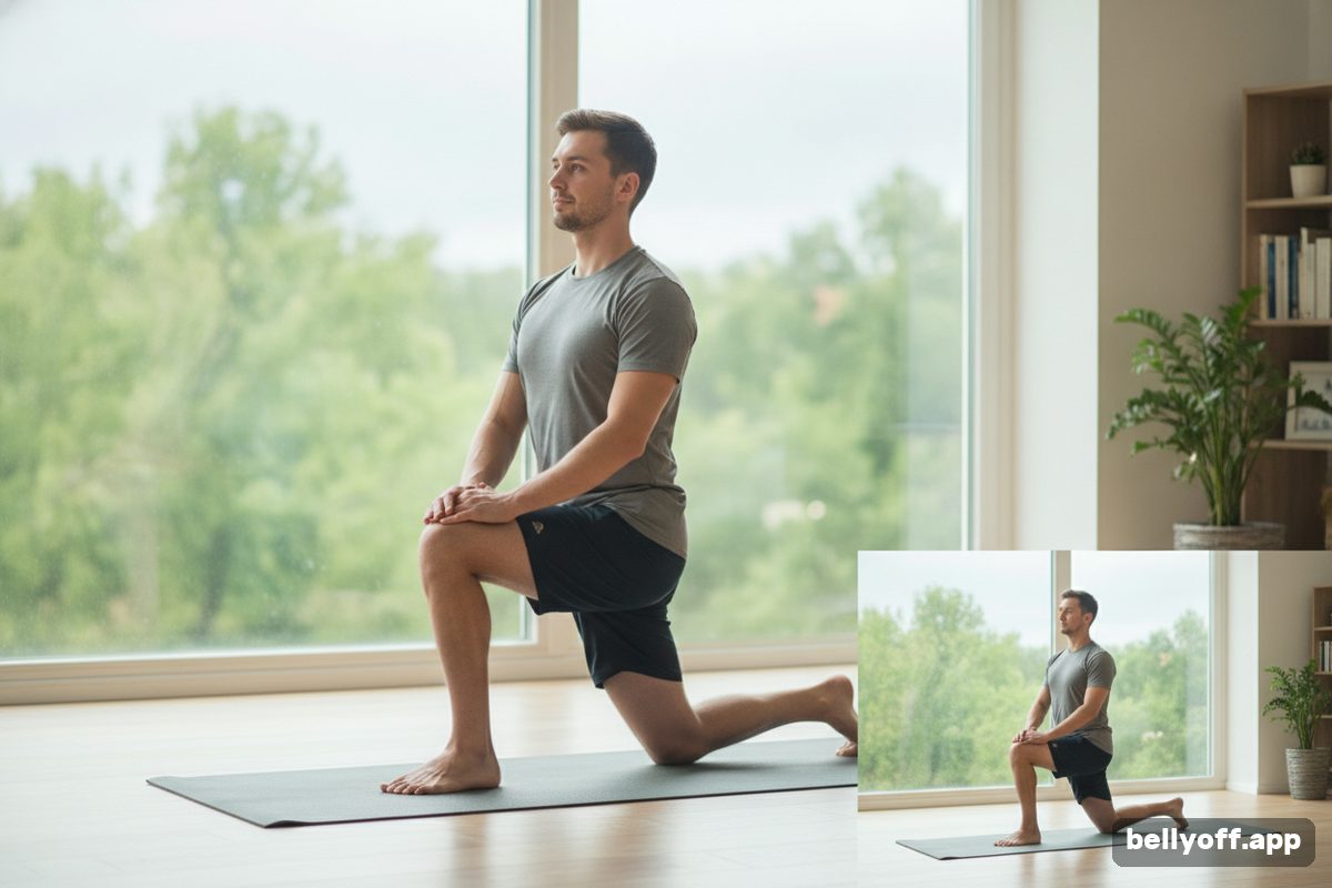 hip flexor stretch: a man doing a low lunge hip flexor stretch on a mat near a window, shoulders relaxed