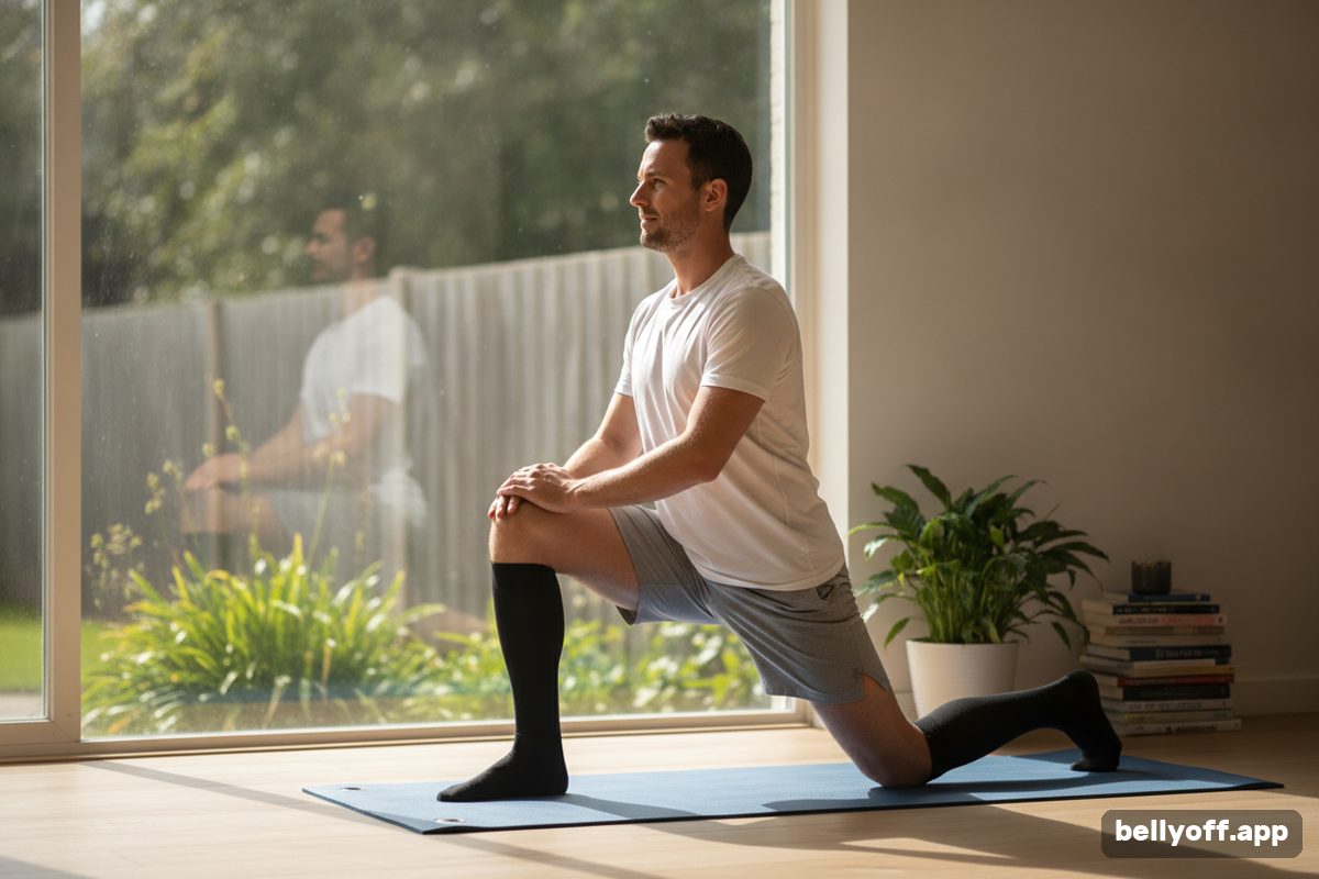 hip flexor stretch: a man doing a low lunge hip flexor stretch on a mat near a window, shoulders relaxed