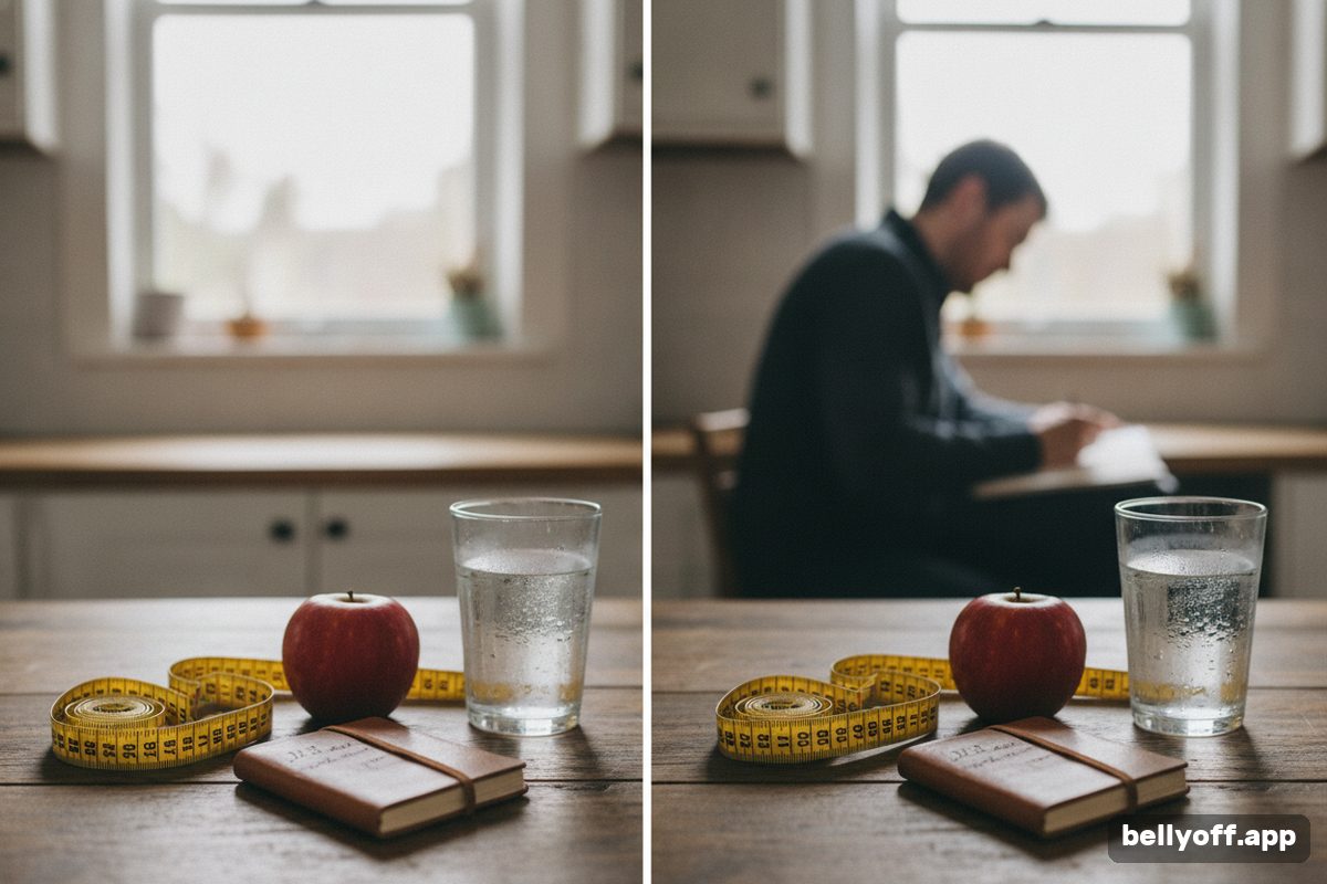 how to keep weight off: a tape measure and a small notebook on a kitchen table, an apple and a glass of water beside them