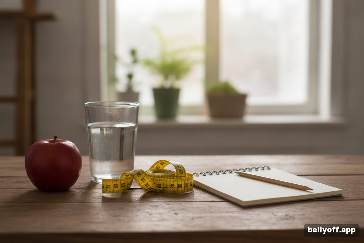 how to keep weight off: a tape measure and a small notebook on a kitchen table, an apple and a glass of water beside them