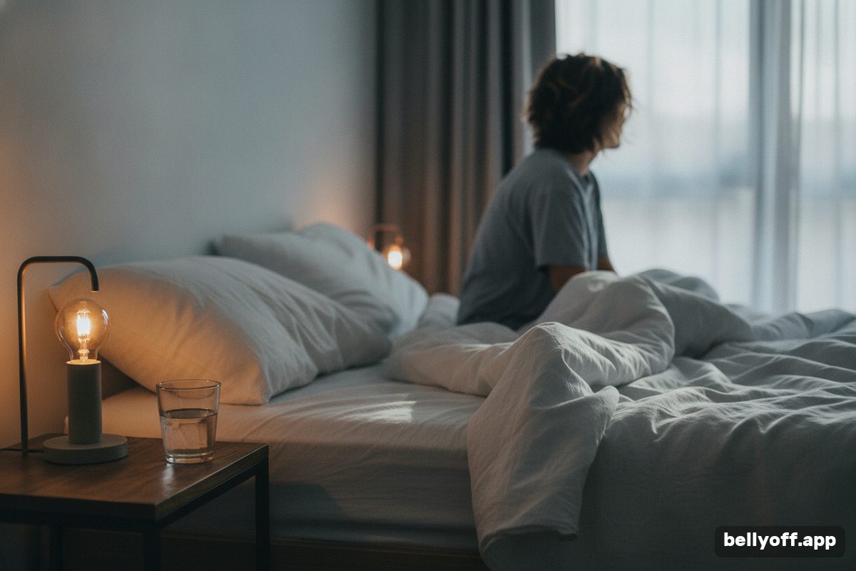 lack of sleep weight gain: an unmade bed in soft early morning light, a bedside lamp and a glass of water on the nightstand