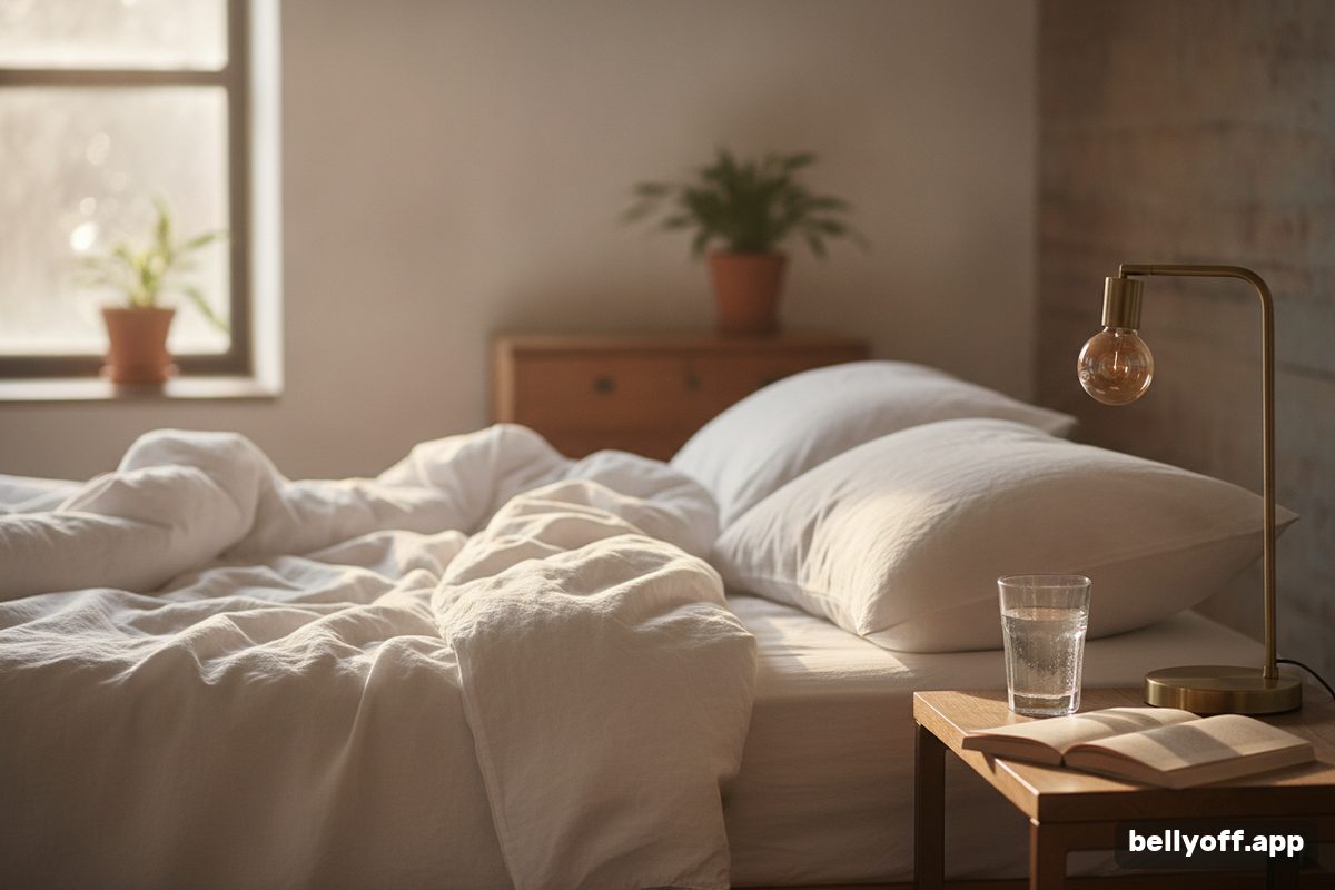 lack of sleep weight gain: an unmade bed in soft early morning light, a bedside lamp and a glass of water on the nightstand