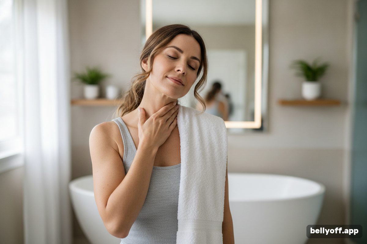 lymphatic drainage: a woman doing gentle self-massage along her neck and collarbone, a towel over her shoulder