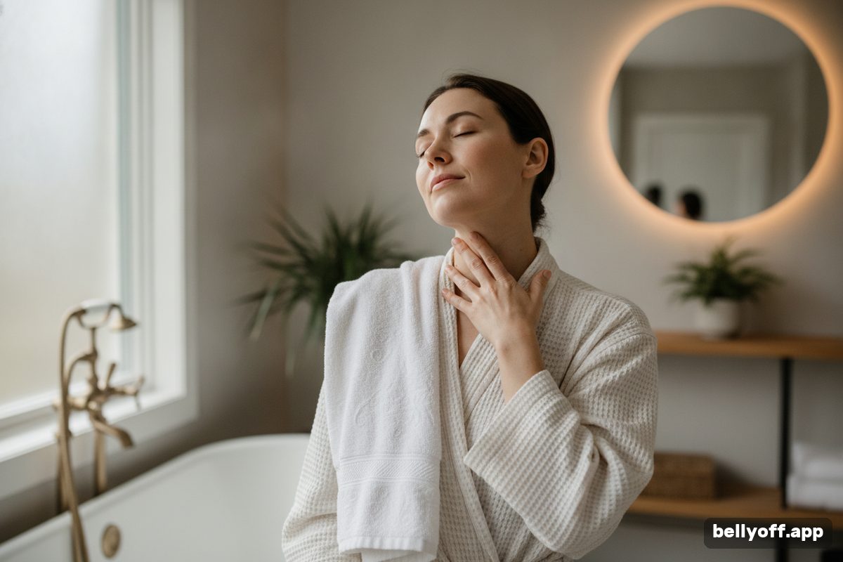 lymphatic drainage: a woman doing gentle self-massage along her neck and collarbone, a towel over her shoulder