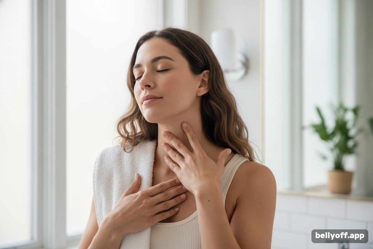 lymphatic drainage: a woman doing gentle self-massage along her neck and collarbone, a towel over her shoulder