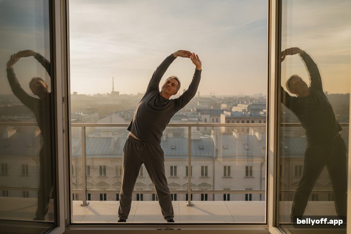 morning exercise: a man in his fifties doing a gentle stretch on an apartment balcony at sunrise