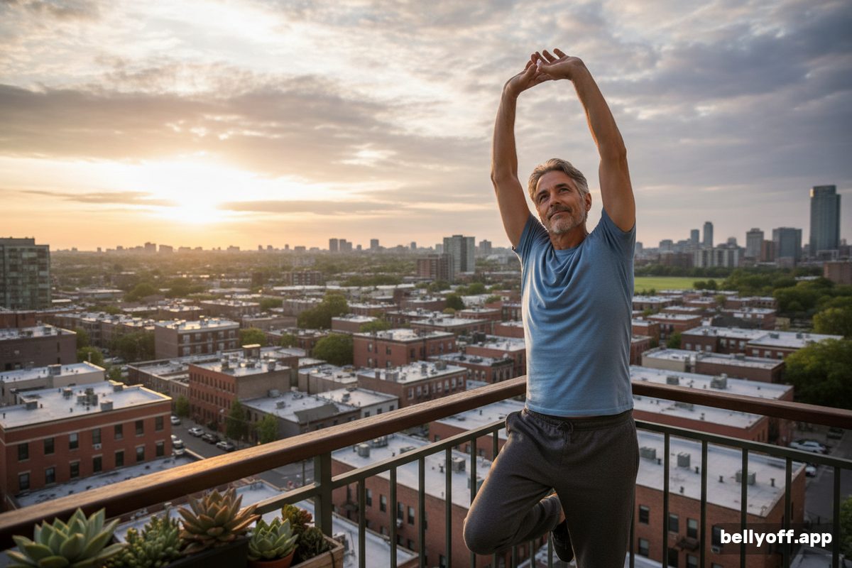 morning exercise: a man in his fifties doing a gentle stretch on an apartment balcony at sunrise