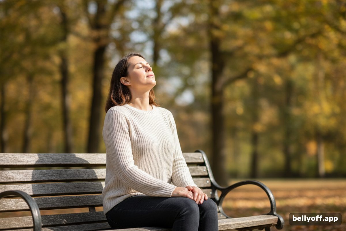 parasympathetic nervous system: a woman sitting on a park bench with eyes closed, exhaling slowly, trees out of focus behind her