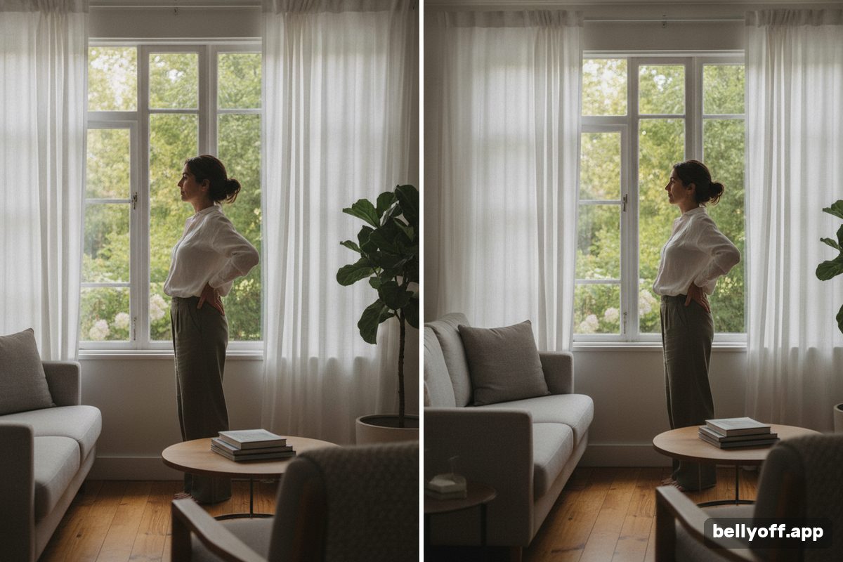 pelvic tilt symptoms: a woman standing in profile by a window with hands on her hips, a slight sway in her lower back