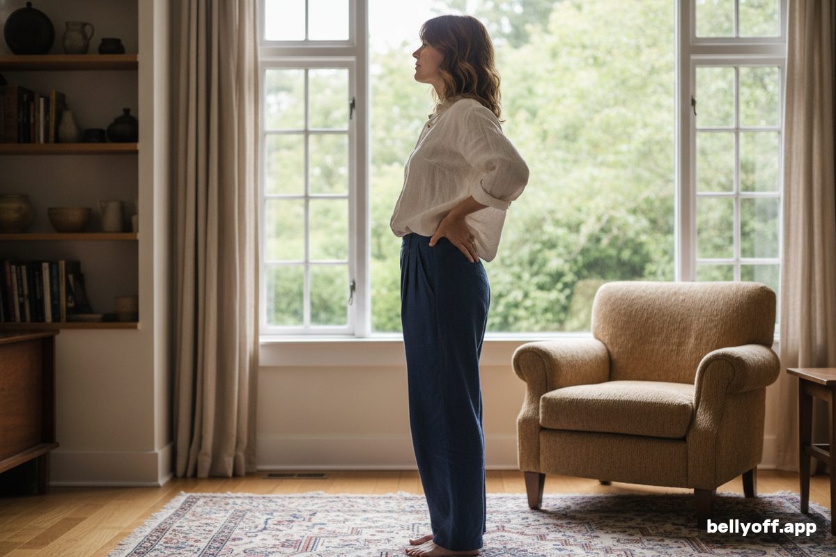 pelvic tilt symptoms: a woman standing in profile by a window with hands on her hips, a slight sway in her lower back