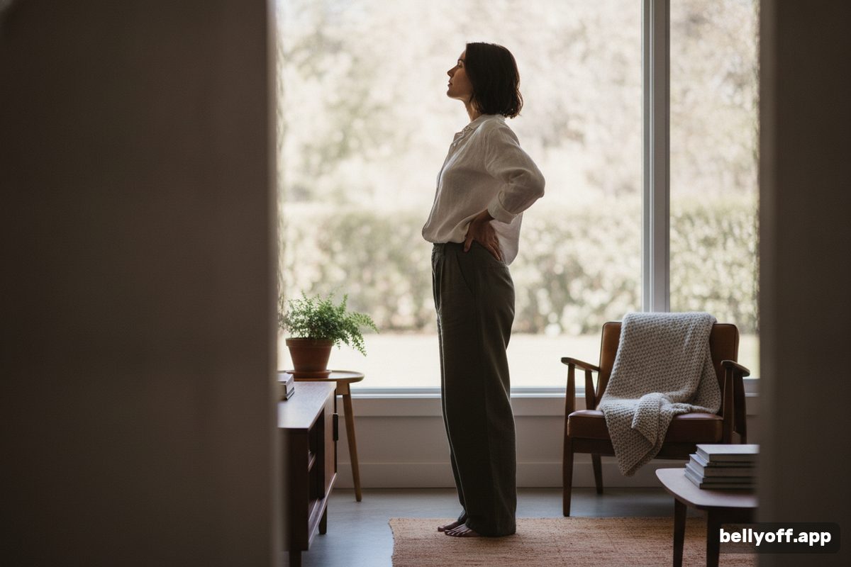 pelvic tilt symptoms: a woman standing in profile by a window with hands on her hips, a slight sway in her lower back