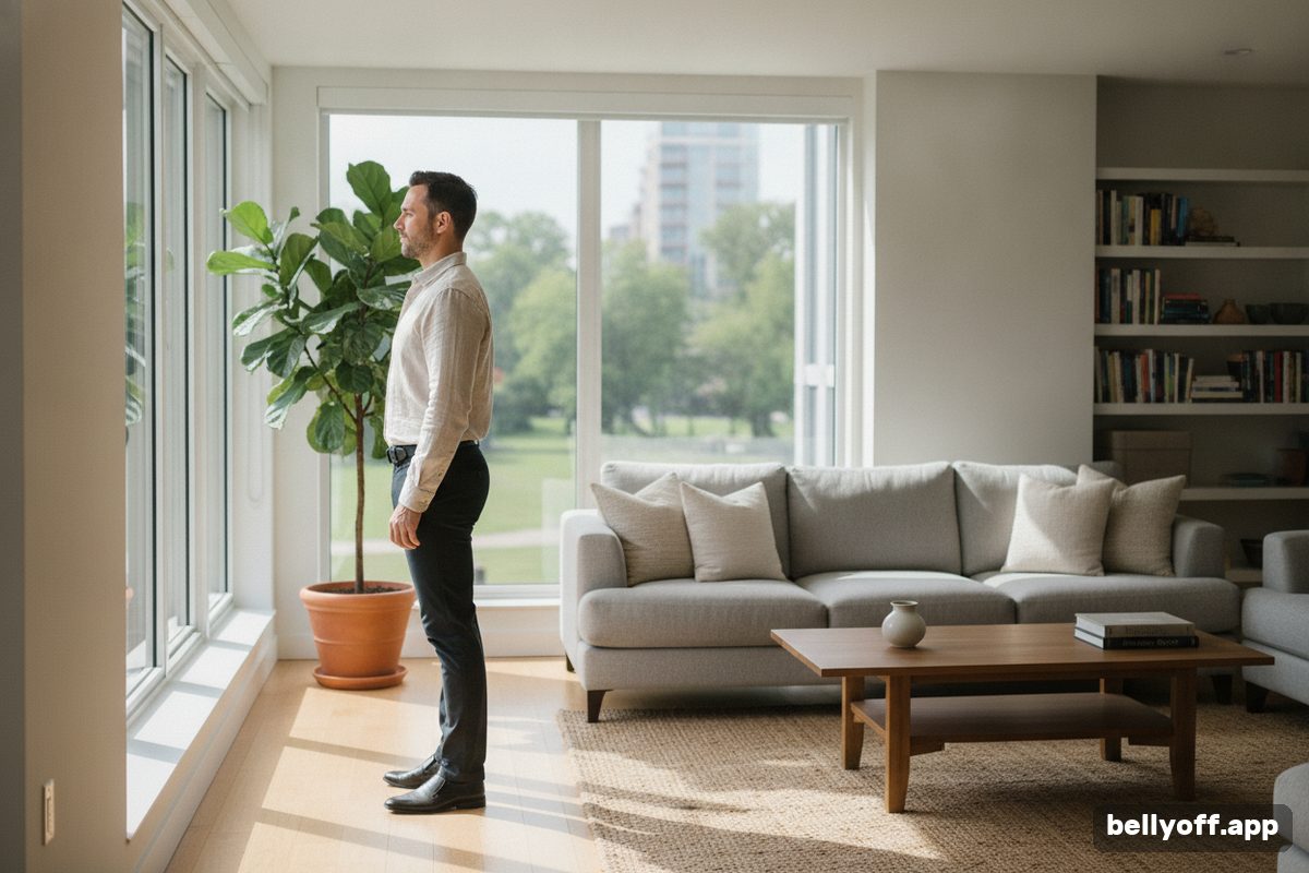 posture and belly fat: a man standing tall in profile in a living room, shoulders relaxed, stacking his posture