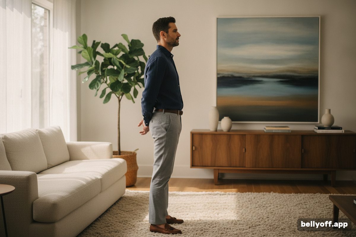 posture and belly fat: a man standing tall in profile in a living room, shoulders relaxed, stacking his posture