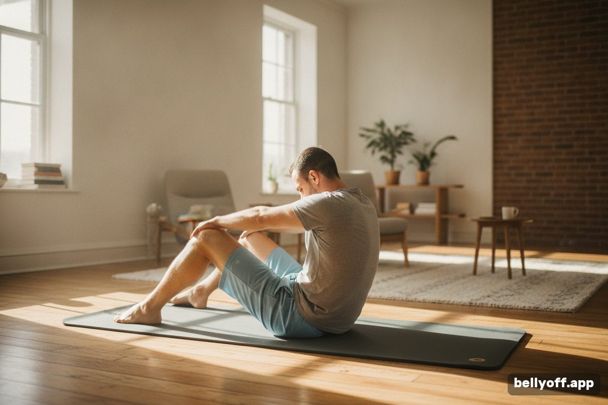 posture exercises for back pain: a man lying on a mat with knees bent, hands supporting his lower back, in a sunny room