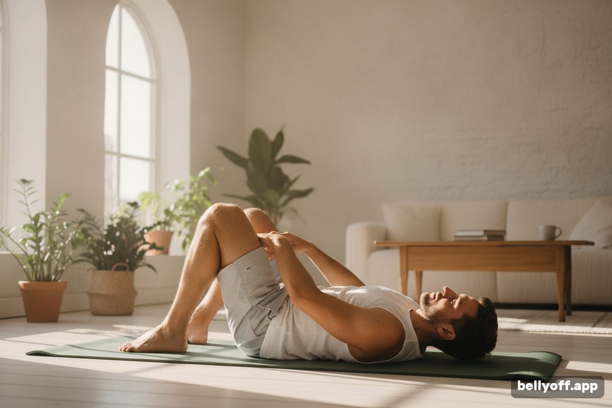 posture exercises for back pain: a man lying on a mat with knees bent, hands supporting his lower back, in a sunny room