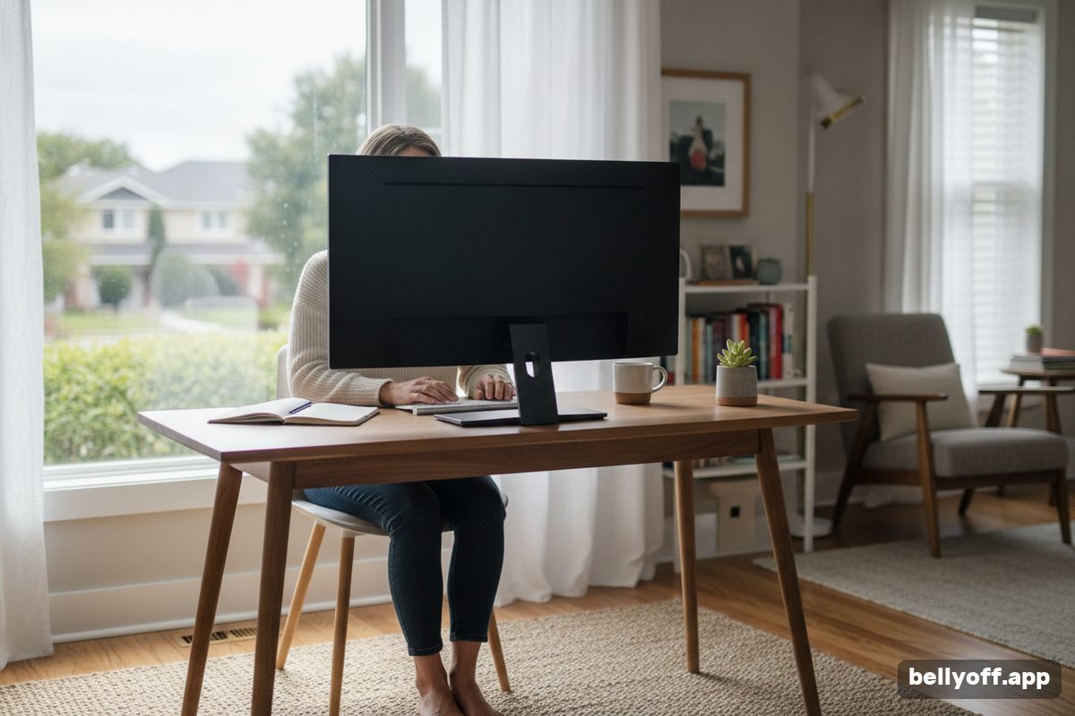sitting posture: a woman sitting upright at a home desk, feet flat on the floor, the monitor at eye level