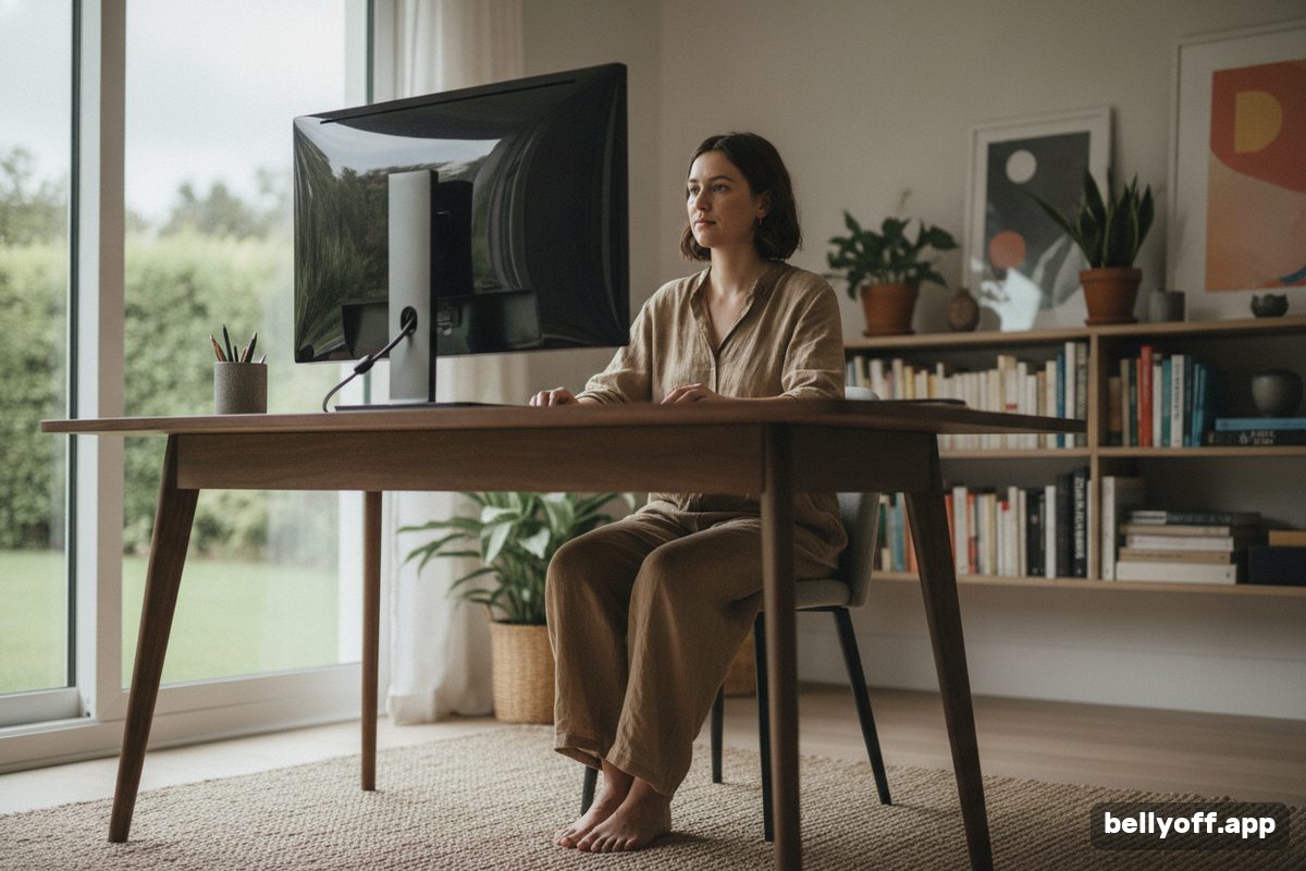 sitting posture: a woman sitting upright at a home desk, feet flat on the floor, the monitor at eye level