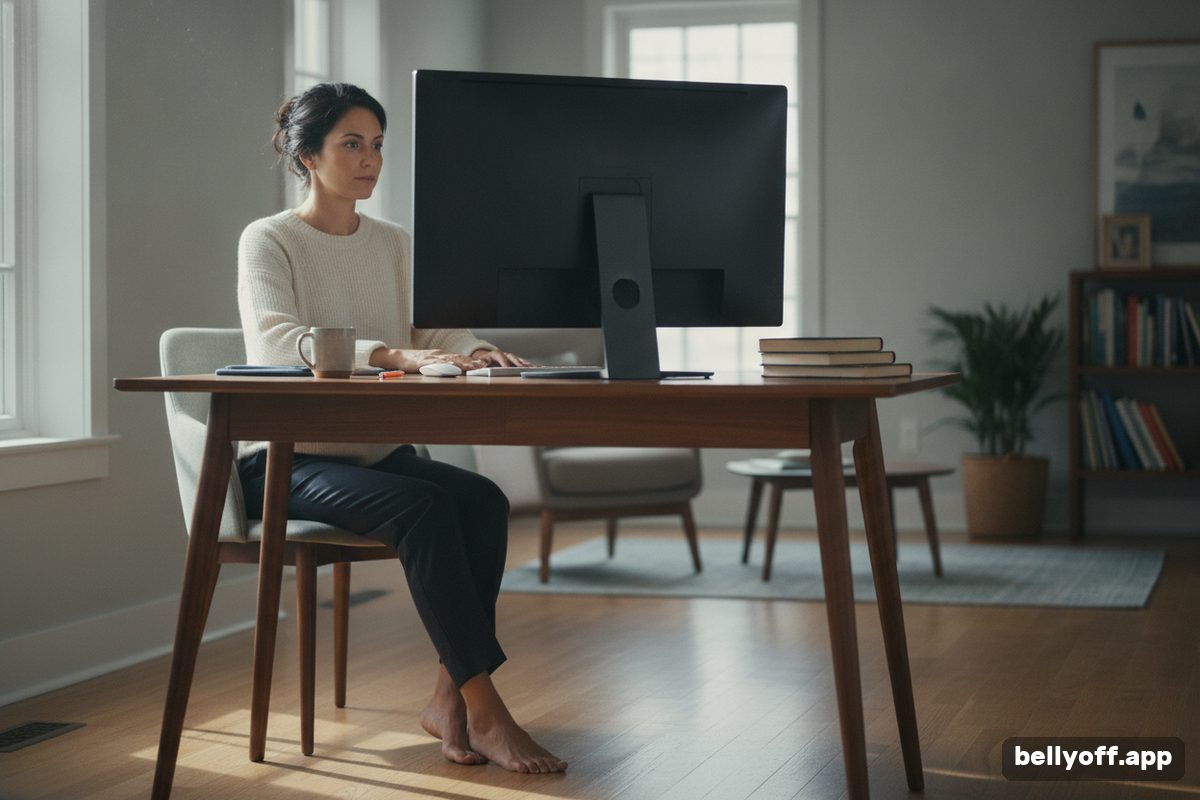 sitting posture: a woman sitting upright at a home desk, feet flat on the floor, the monitor at eye level