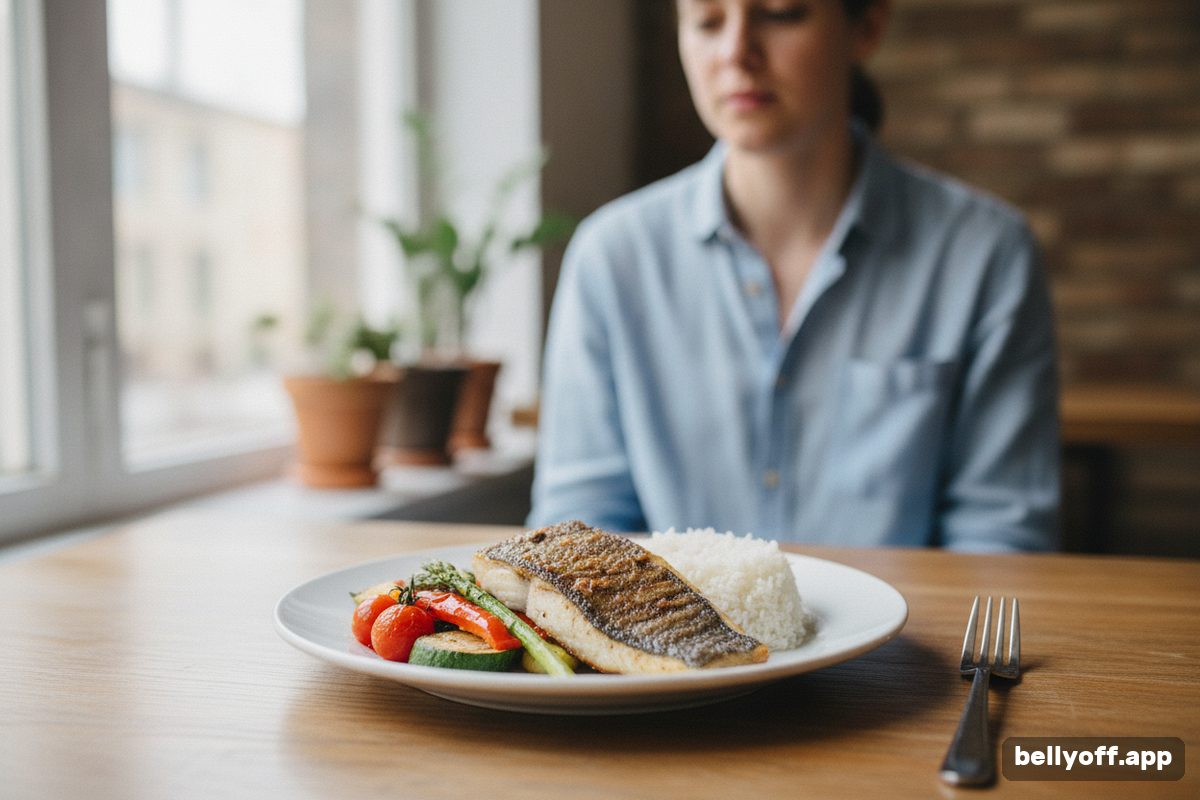 slow metabolism after 40: a plate with grilled fish, roasted vegetables and a small portion of rice on a wooden table