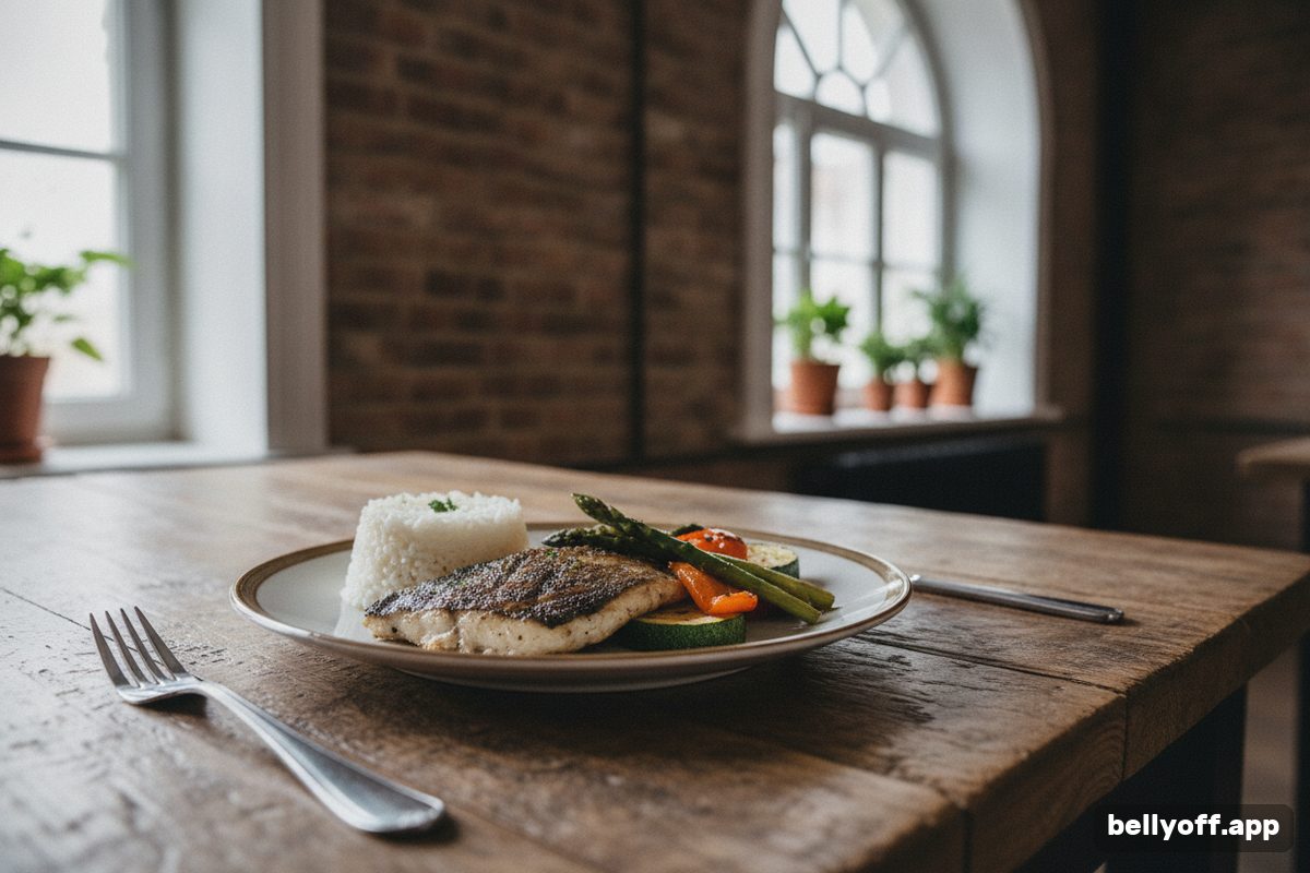slow metabolism after 40: a plate with grilled fish, roasted vegetables and a small portion of rice on a wooden table